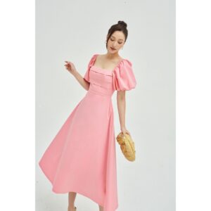MOLLYNISTA - Đầm Zanny xếp ly ngang ngực tay phồng quyến rũ nữ tính thiết kế cao cấp đi chơi đi tiệc gợi cảm