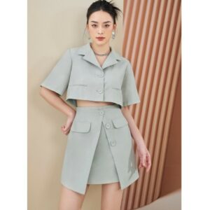 MOLLYNISTA- Váy Amee xanh mint đắp chéo 3 nút quyến rũ nữ tính thiết kế cao cấp đi chơi đi tiệc gợi cảm