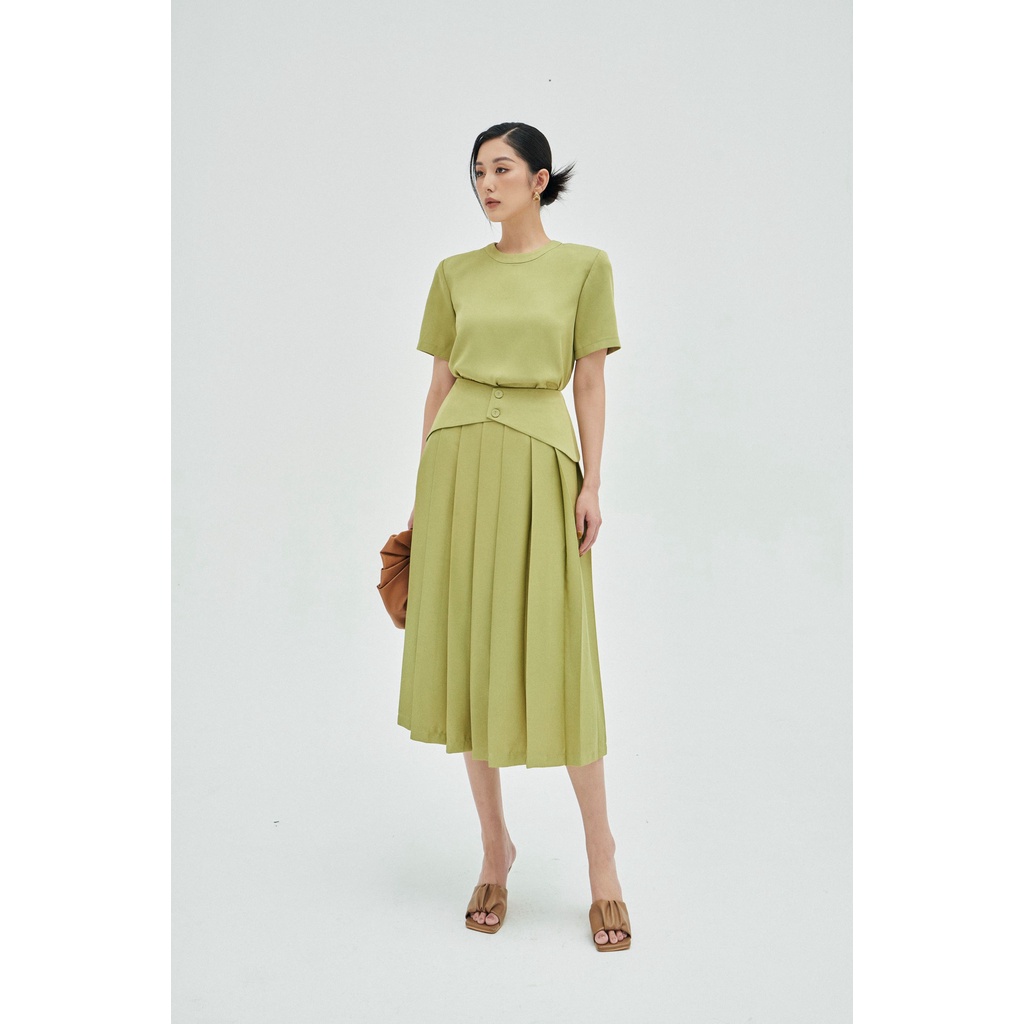 MOLLYNISTA – Váy Gaia xanh dập ly đắp eo 2 nút quyến rũ nữ tính thiết kế cao cấp đi chơi đi tiệc gợi cảm