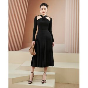 MOLLYNISTA - Váy Zina đen dập ly cua tròn quyến rũ nữ tính thiết kế cao cấp đi chơi đi tiệc gợi cảm
