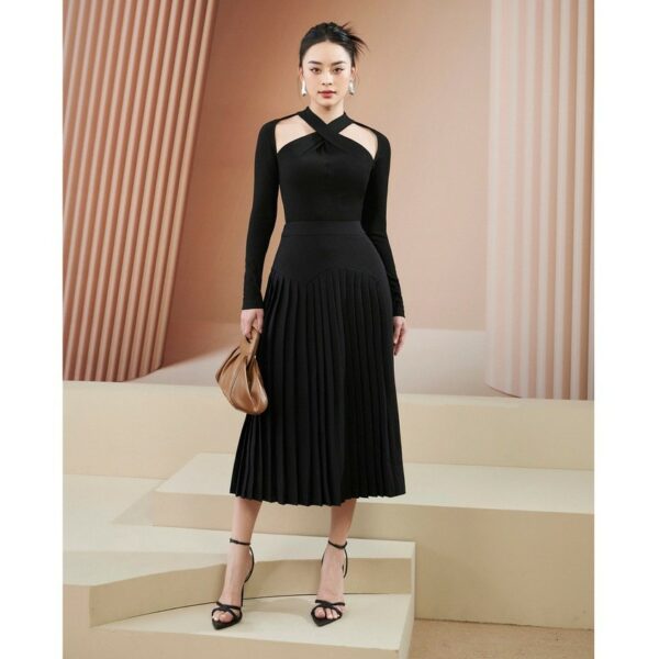 MOLLYNISTA - Váy Zina đen dập ly cua tròn quyến rũ nữ tính thiết kế cao cấp đi chơi đi tiệc gợi cảm