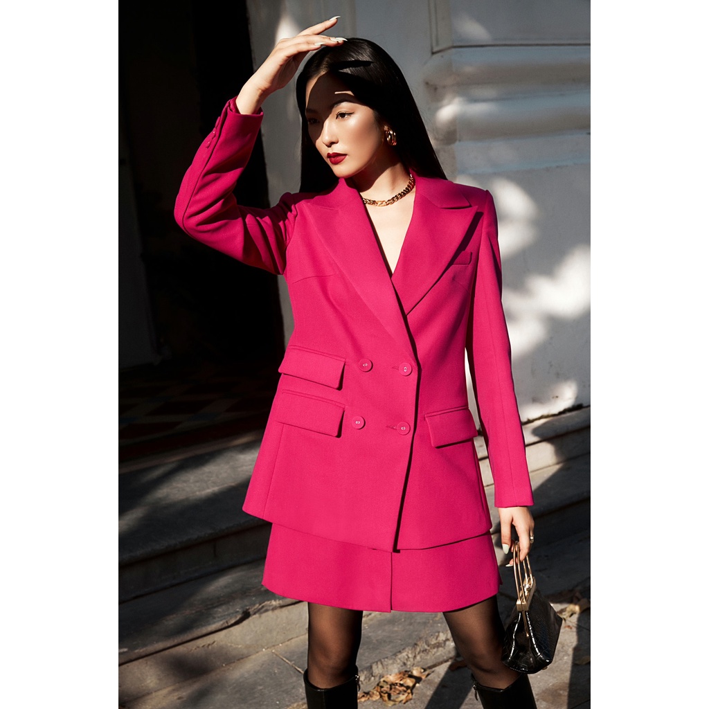 Set áo blazer hai hàng cúc hồng fuchsia và chân váy mini HUONG BOUTIQUE  HBVEST156
