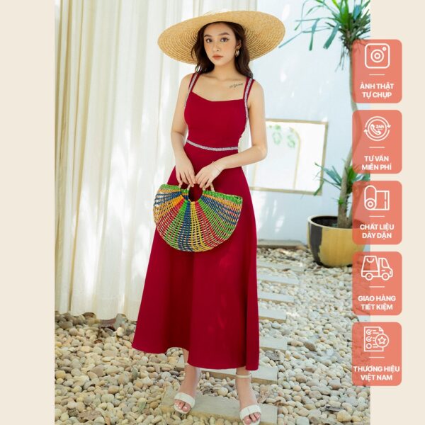 Váy 2 dây viền thổ cẩm đỏ MM