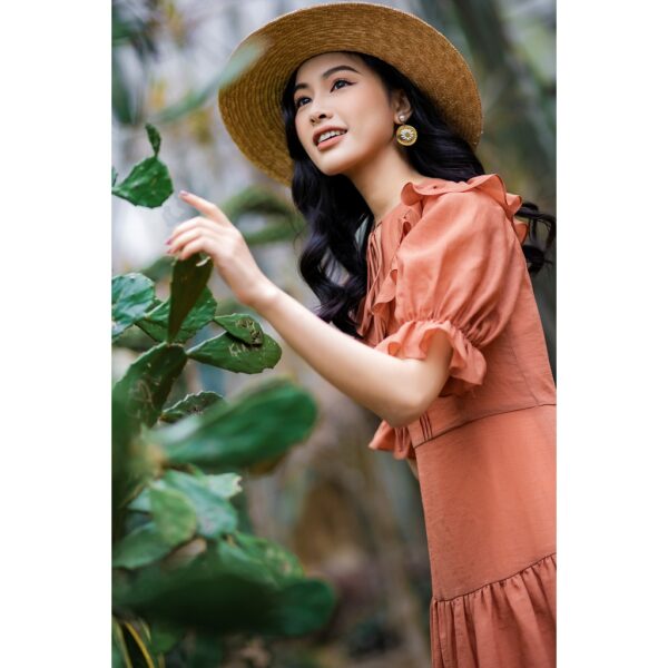 Váy cổ bèo đuôi cá hồng cam VT - Hình ảnh 2