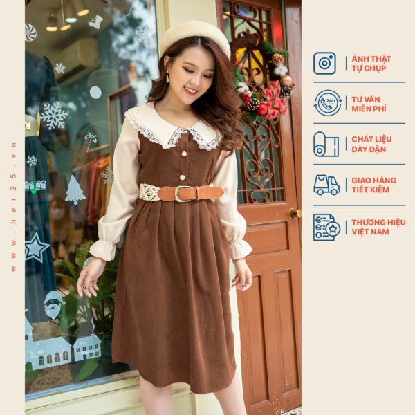 Váy cổ ren phối tay tròn nâu MYT