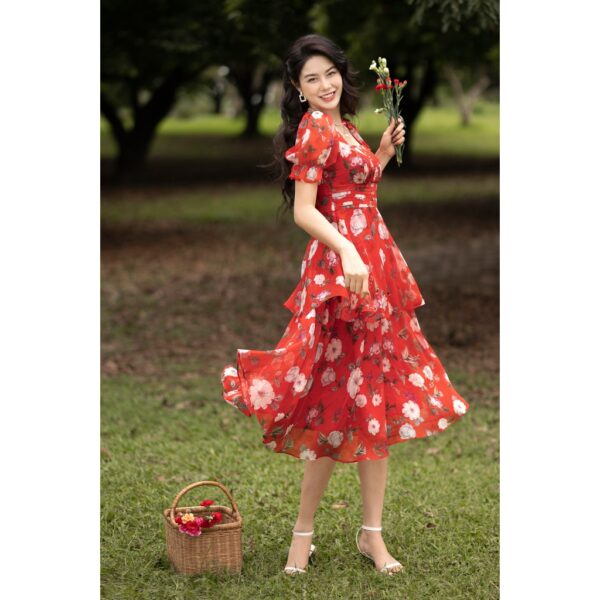 Váy cổ vuông 2 tầng hoa đỏ ĐX - Hình ảnh 4