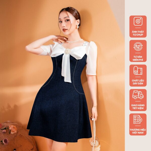 VÁY DENIM NƠ NGỰC TRẮNG XANH SR
