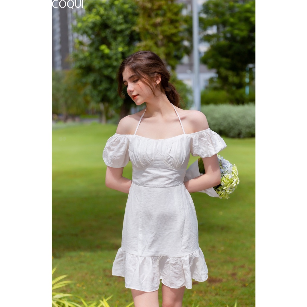 Váy trắng trễ vai cột dây – COQUI White Tea dress