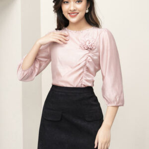 Áo sơ mi công sở cách điệu LUPERI LFSM1172 cổ tròn đính hạt ngọc, tay lỡ bo gấu sang trọng qúy phái