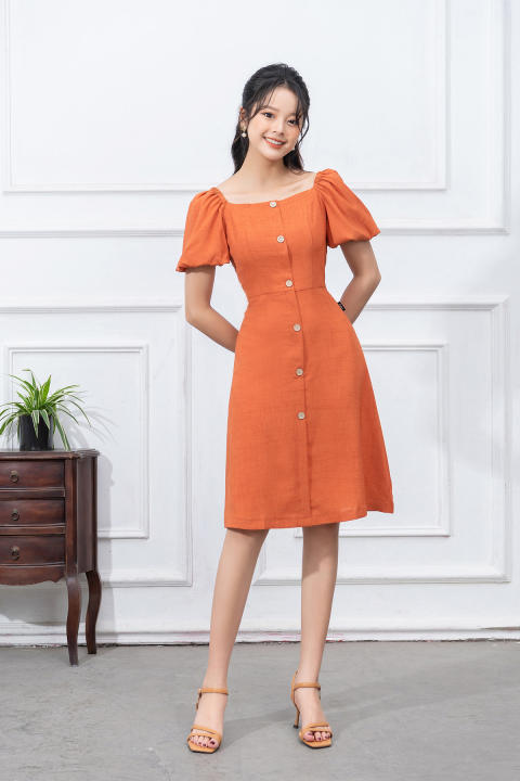 Váy Công Sở Thiết Kế LUPERI Tay Bồng Cổ Vuông Thanh Lịch, Chất Liệu Đũi Xước Cao Cấp LFV3271