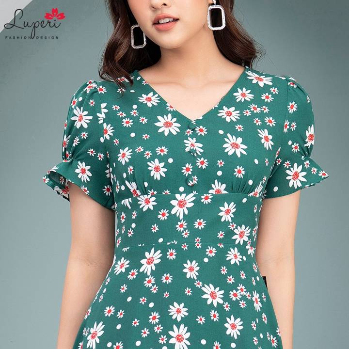 Váy Đầm Thiết Kế Nữ LUPERI LFV3198 Dáng Chữ A Đuôi Cá Cổ Tim Tay Cộc Hoạ Tiết Hoa Cho Bạn Nữ Đi Chơi Đi Dạo Phố