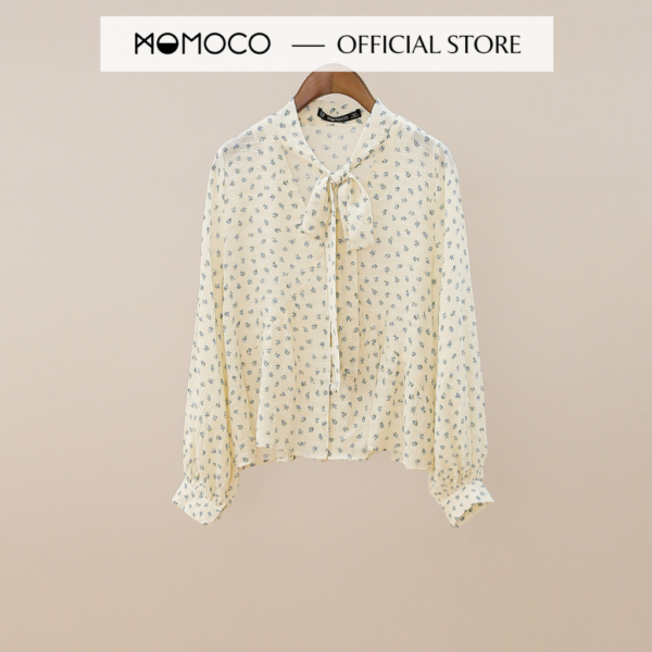 Áo Blouse Cổ Tim MOMOCO M2690 Chất Vải Đũi Mỏng Thoáng Mát, Thiết Kế Dây Nơ Buộc Cổ Nữ Tính