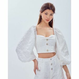 Áo croptop SheByShj gấm tay phồng màu trắng - Angela Top