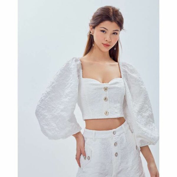 Áo croptop SheByShj gấm tay phồng màu trắng - Angela Top