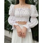 Áo croptop SheByShj tay dài họa tiết chấm bi tím – Dottie Top