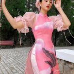 Áo dài cách tân in hình chim hạc ONONMADE Ngọc Khiết màu hồng