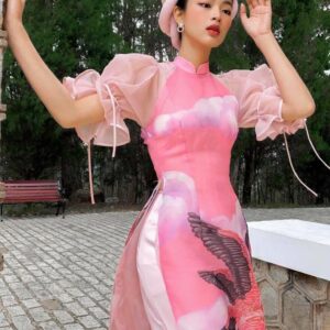 Áo dài cách tân in hình chim hạc ONONMADE Ngọc Khiết màu hồng