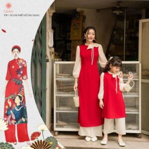 Áo dài cách tân màu đỏ mẹ và bé gái cổ đính nơ trẻ trung, tiểu thư - AD410