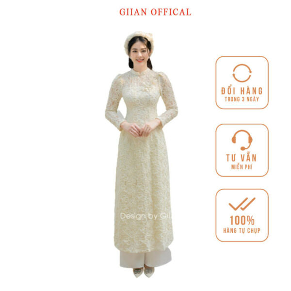 Áo dài cách tân ren hoa hai lớp không lộ thiết kế chính hãng GIIAN, áo dài cô dâu đính hoa ngực tay bồng - AD277