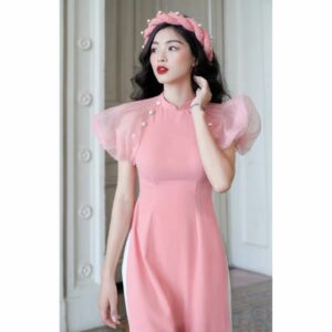 Áo dài cách tân tay ngắn phồng đính ngọc trai ONONMADE Peony