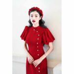Áo dài cách tân tay phồng đính đá ONONMADE Poppy màu hồng, đỏ