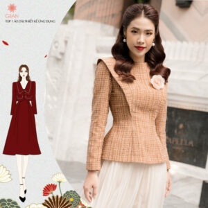 Áo Gladys- Áo tweed hoa cài vải dạ Tweed màu Nâu Tây A209