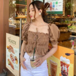 Áo SheByShj tay phồng cột dây màu nâu – Brown Candy Top