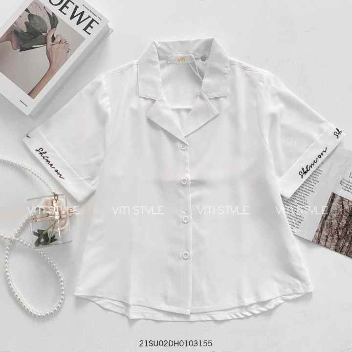 Áo Sơ Mi Nữ Tay Ngắn VM STYLE SMU00033 Thiết Kế Cổ Vest Tay Thêu Chữ, Màu Sắc Trẻ Trung, Thanh Lịch Phù Hợp Đi Làm