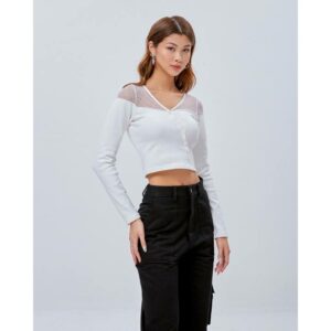Áo thun croptop Shebyshj tay dài phối ren cổ màu trắng - White Allie Top