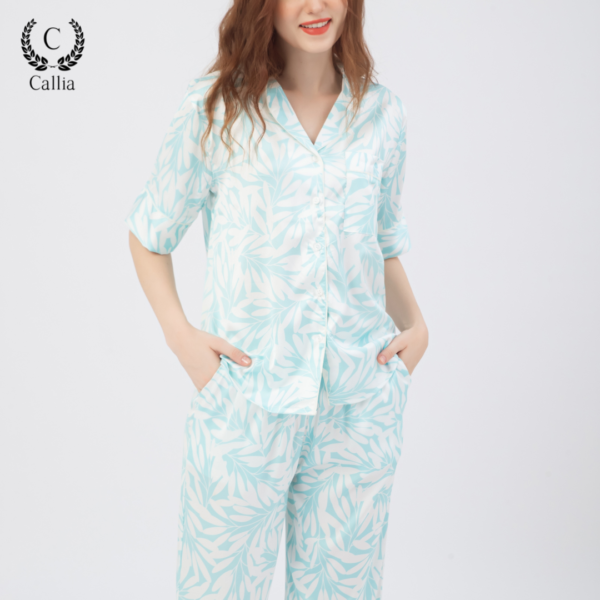 Bộ Pijama Lụa Mặc Nhà Callia Tay Ngắn Quần Dài Lá Xanh