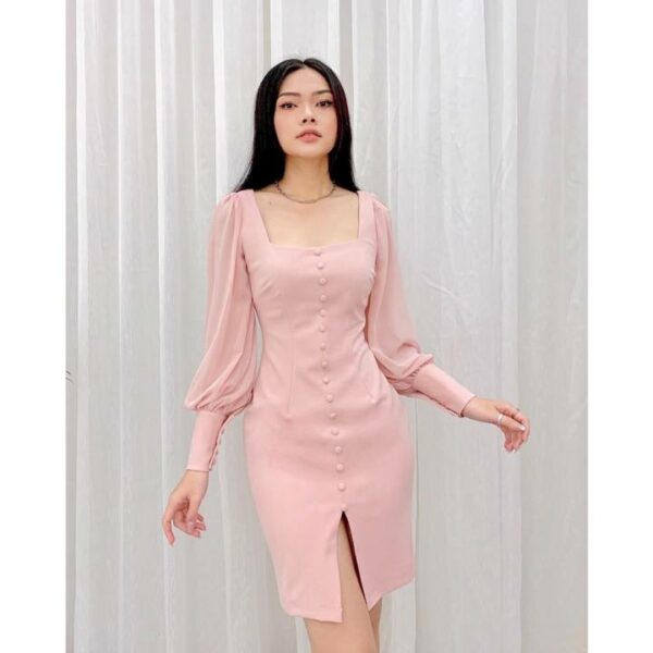 Đầm Bút Chì Cổ U Tay Dài Buột Nơ CQA Boutique CQA0008 Màu Hồng Xinh Xăn Chất Vải Scuba Crepe Cao Cấp