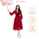 Đầm dự tiệc cổ V đính nơ thiết kế chính hãng GIIAN, váy xoè tay bồng dáng dài giấu bụng – Ruby Dress – V2413