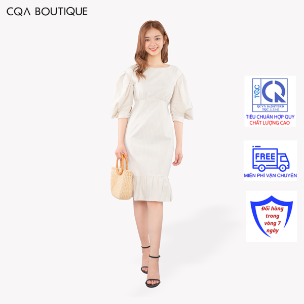 Đầm Midi Công Sở Tay Bồng Kẻ Sọc CQA CQA0052 Chất Liệu Cotton