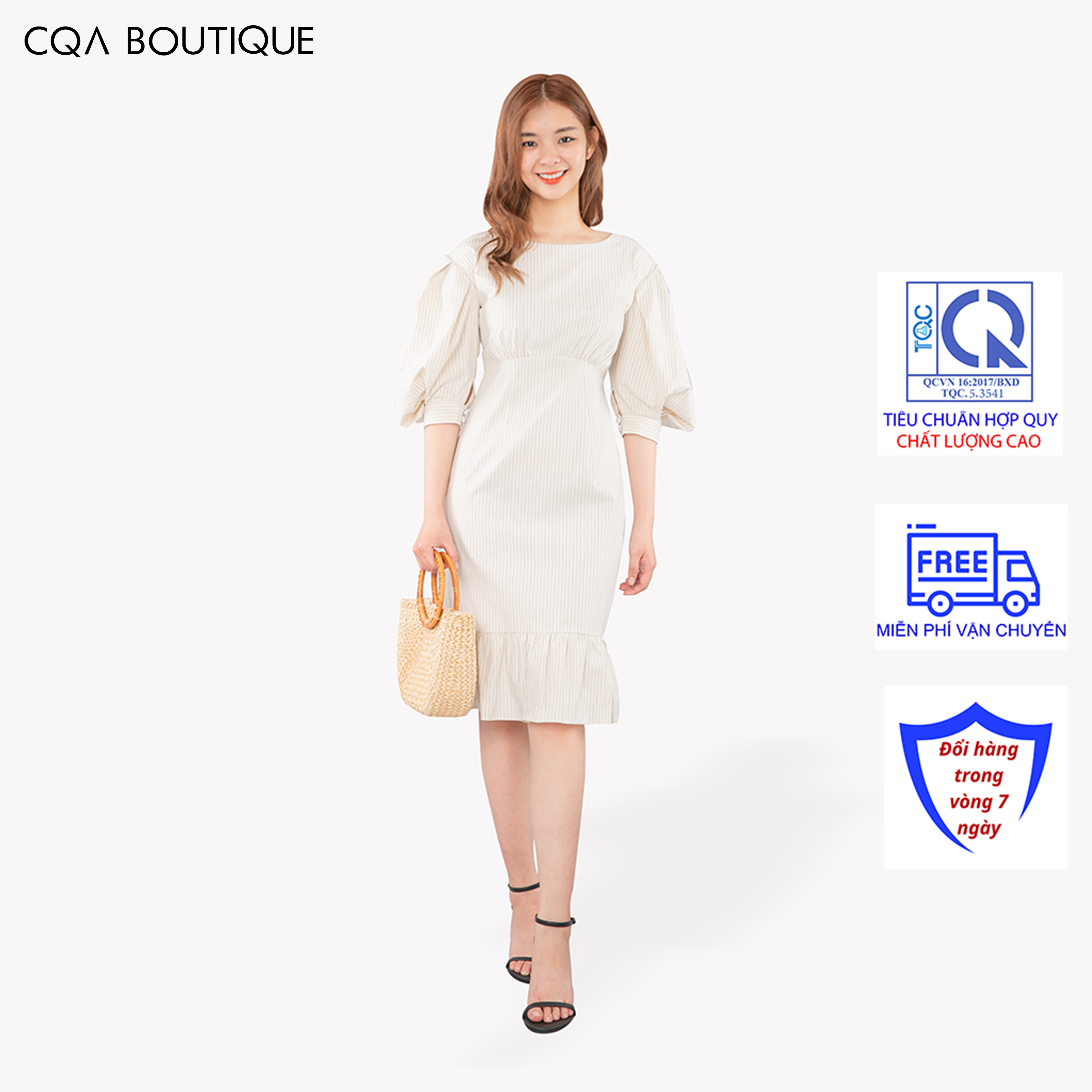 Đầm Midi Công Sở Tay Bồng Kẻ Sọc CQA CQA0052 Chất Liệu Cotton
