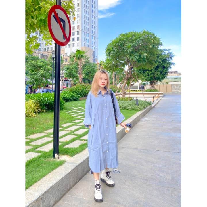 Đầm sơ mi xanh xám – Remmus.vn