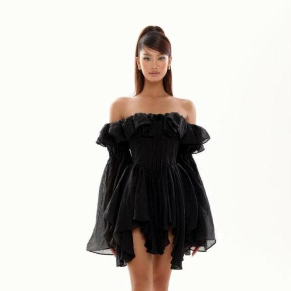 Đầm trễ vai dáng xòe dài tay ONONMADE Black Meadow Mini Dress
