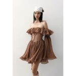 Đầm trễ vai dáng xòe dài tay ONONMADE Brown Meadow Mini Dress