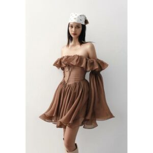 Đầm trễ vai dáng xòe dài tay ONONMADE Brown Meadow Mini Dress