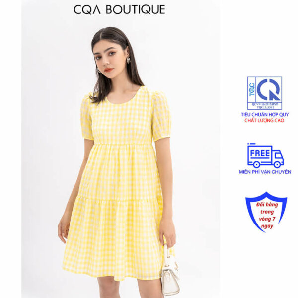 Đầm Váy Babydoll Tay Ngắn Caro Vàng Cao Cấp Thương Hiệu CQA BOUTIQUE CQA0090