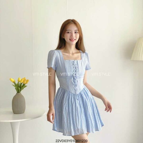 Đầm Xốp Đan Dây Ngực VM STYLE 22VD03Y010801 Tay Ngắn Cổ U Y167 Điệu Đà, Sang Chảnh, Chất Vải Xốp Mềm Nhẹ, Thoáng Mát