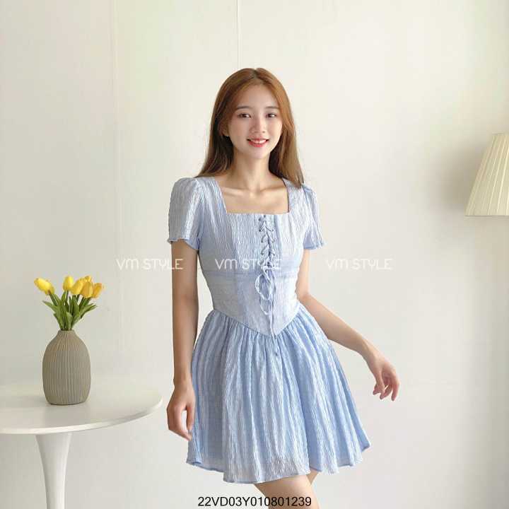 Đầm Xốp Đan Dây Ngực VM STYLE 22VD03Y010801 Tay Ngắn Cổ U Y167 Điệu Đà, Sang Chảnh, Chất Vải Xốp Mềm Nhẹ, Thoáng Mát