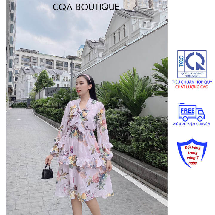 Đầm Xòe Hoa Tiểu Thư Tay Cổ Nơ Tay Dài CQA Boutique CQA00030 Họa Tiết Hoa Sống Động Vải Voan Thoáng Mát