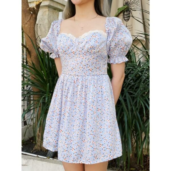 Đầm xòe SheByShj tay phồng ngắn phối ren ngực hoa nhí màu xanh dương - Olivia Mini Dress