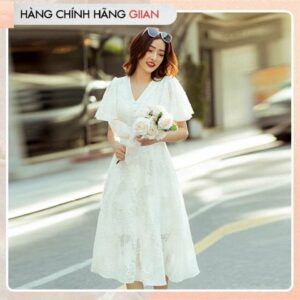 Giian - Váy dáng dài cổ V, đầm xòe cánh tiên phối cúc sang trọng, thanh lịch - Medy Dress - thiết kế chính hãng - V2261