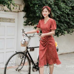 Giian - Váy hoa nhí tay bồng đuôi cá, đầm cổ chữ V dây rút dáng dài vintage mịn, mát - thiết kế chính hãng - V2156