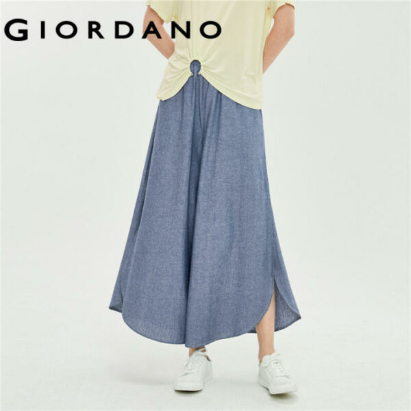 GIORDANO Women Pants 100% Cotton Ribbon Elastic Waist Lightweight Summer Pants Wide Leg Double Split Casual Denim Pants 18422905