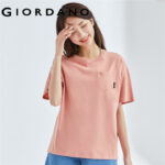 GIORDANO Women T-Shirts Single Patch Pocket 100% Cotton Casual T-Shirts Crewneck Double Split Solid Color Loose Tee 05322393