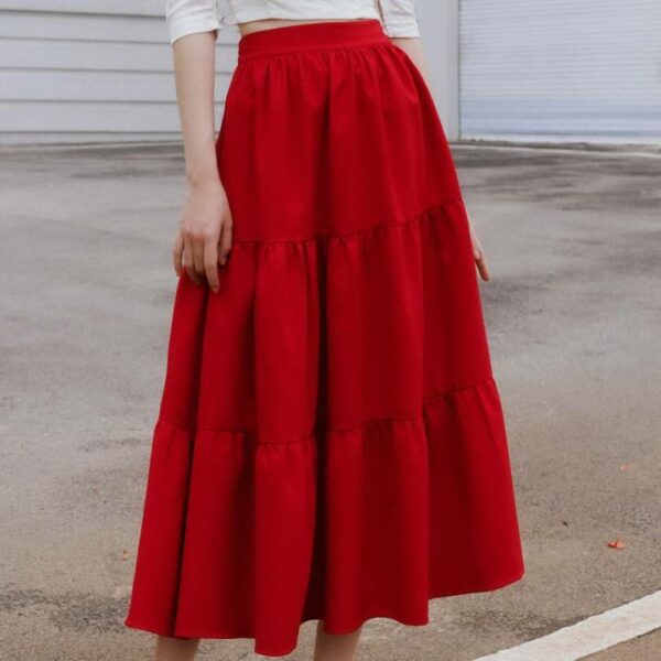 KIOBI– Chân Váy Long Ruffle Form Maxi Dáng Xòe, Tùng 3 Tầng Nhún Bèo, Lưng Thun Sau Lưng, Vải Cotton Bố Đỏ - KIV19111DO