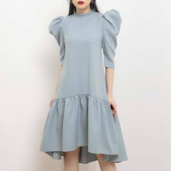 KIOBI– Đầm Altaria Form Suông, Cổ Tròn Nhún Bèo, Tay Lửng Xếp Phồng Cổ Điển, Tùng Lai Bèo,Vải Cotton Bố Lam - Kid20032L