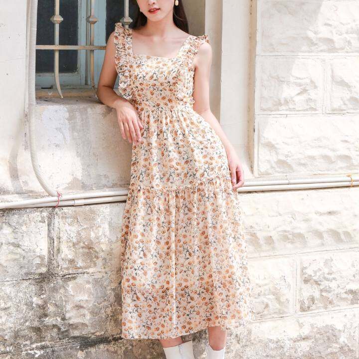 KIOBI– Đầm Floral Fairy Form Dáng Xòe, Tay Cánh Tiên, Lưng Thun Smocking, Vải Voan Tơ Hàn In Hoa Cúc Nâu – Kid2151Hkn